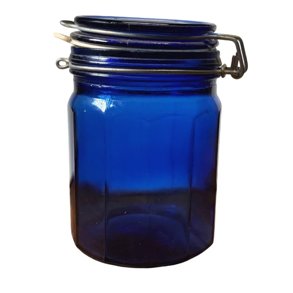 Cobalt Blue‎ Glass Canister Octagonal Jar with Wire Bale Swing Top Lid see note